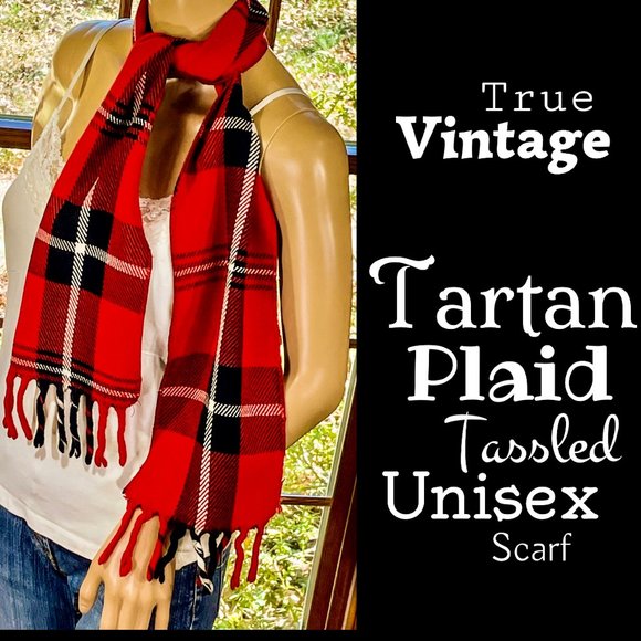 Vintage Accessories - ▪️VTG▪️1980's 1990's Red Tartan Plaid Tasseled Unisex Scarf